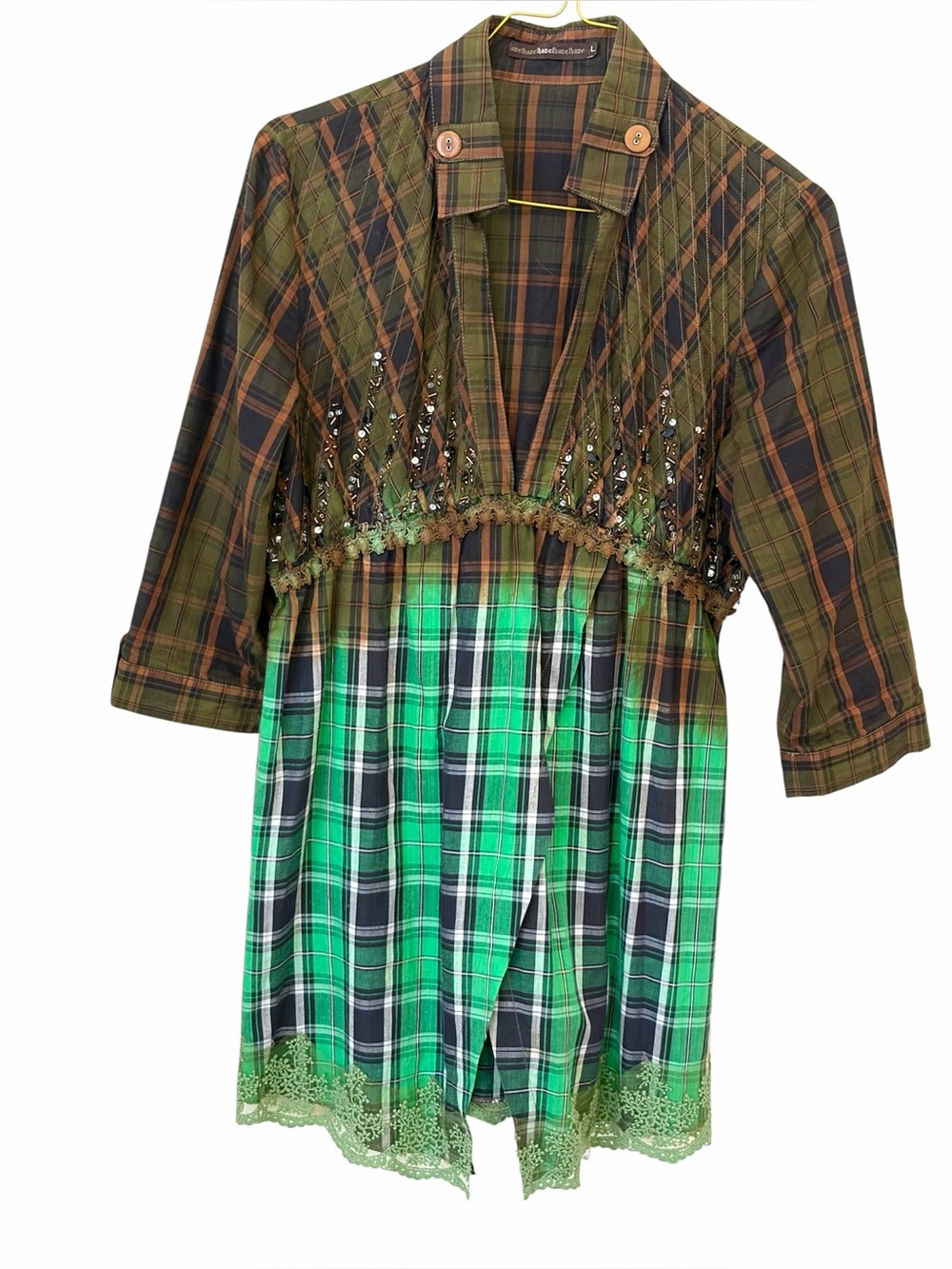 Hazel Green & Brown Mixed print embellished v-neck tunic with Lace Trim